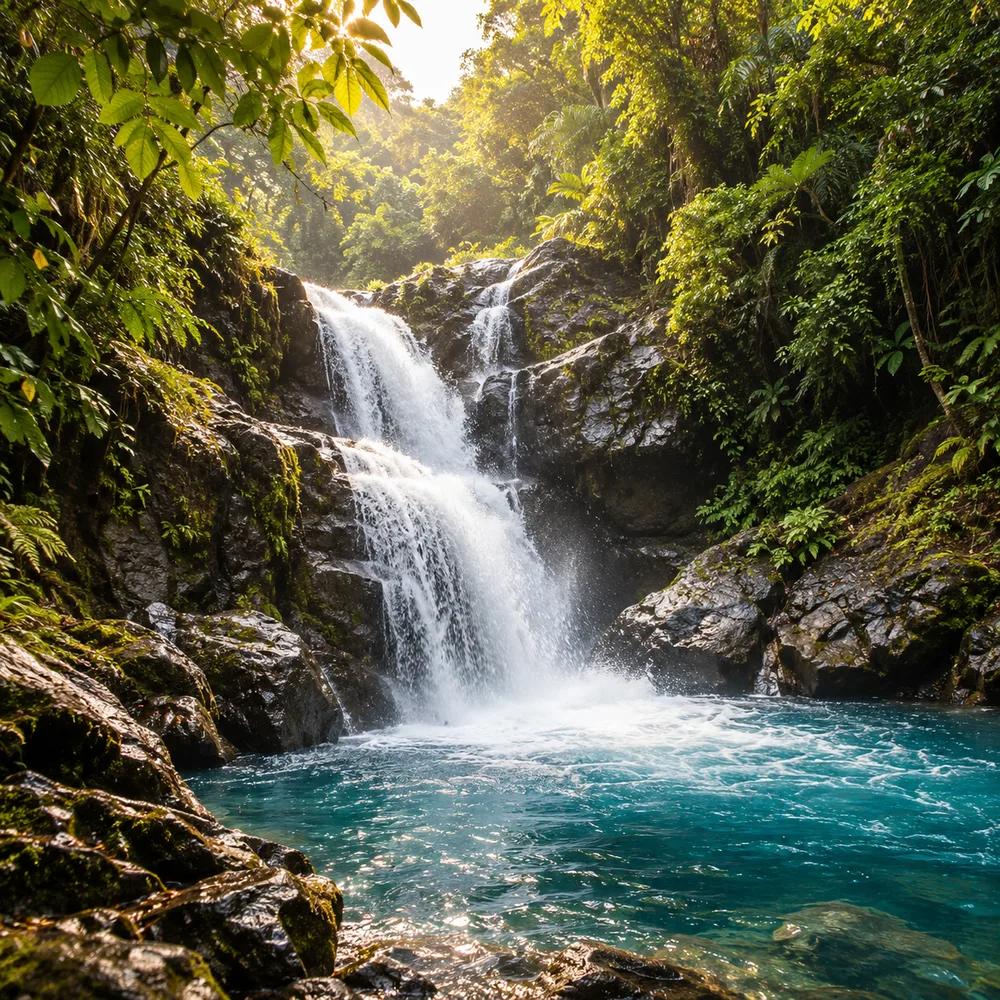 A waterfall and natural swimming pool in the Costa Rican rainforest