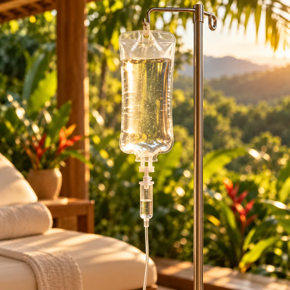 IV nutritional therapy prepared in a peaceful open-air setting