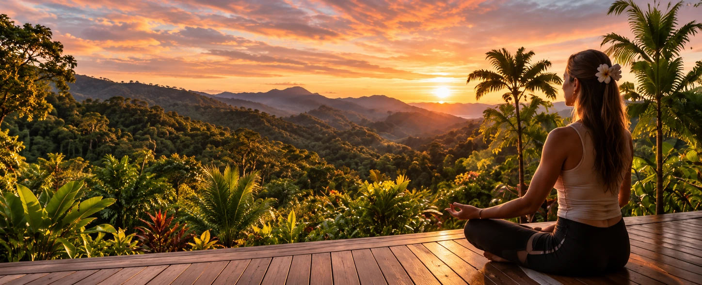 Woman meditating on a wooden deck overlooking Costa Rica's mountains at sunrise