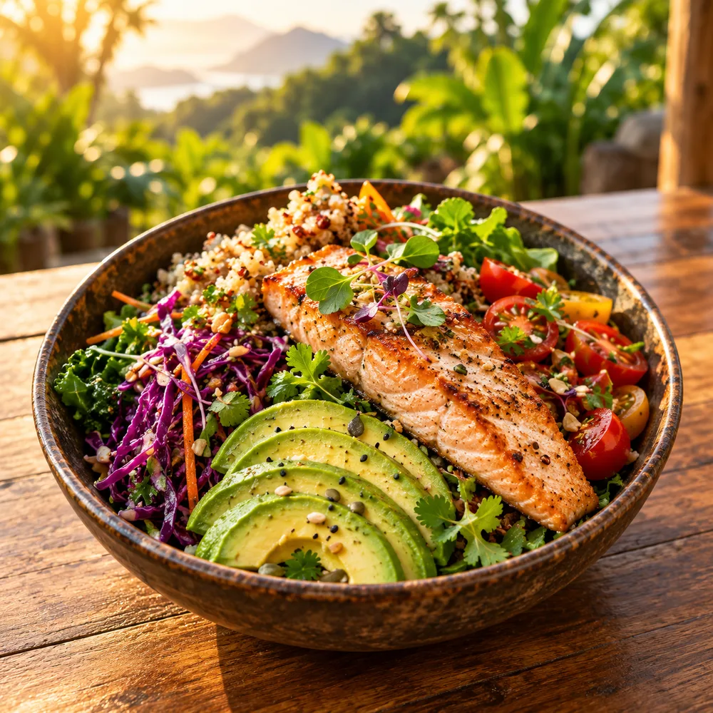 A fresh salmon, avocado, grain, and vegetable bowl