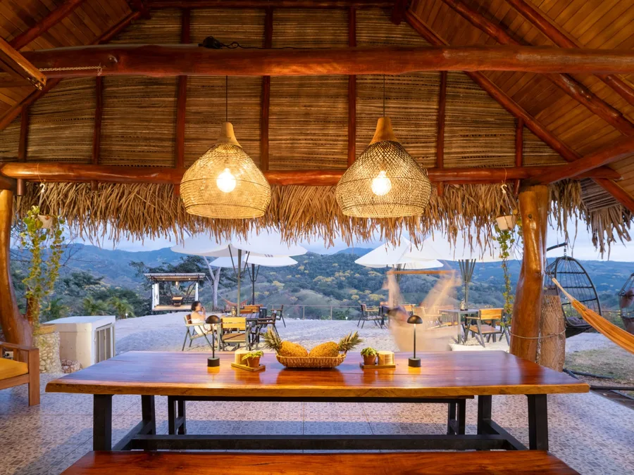 Open-air dining pavilion overlooking the mountains