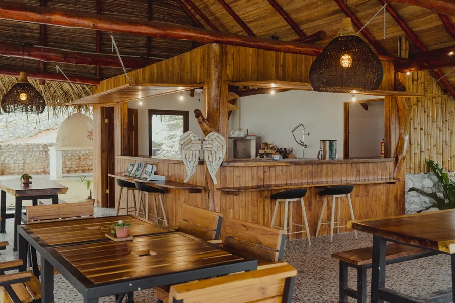 Warm open-air bar and gathering space